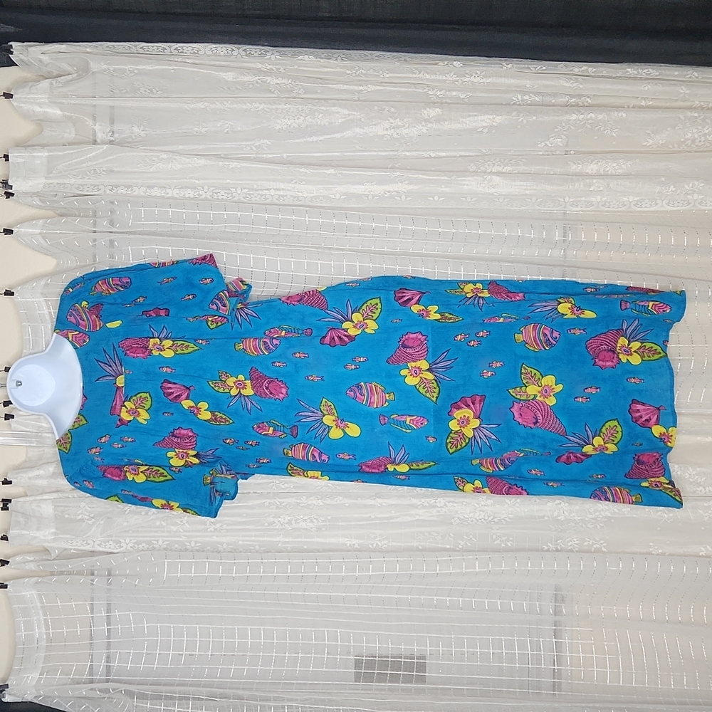 Blue Vintage Tropical Fish and Floral Print Nightgown Muumuu Shift Dress SzXL